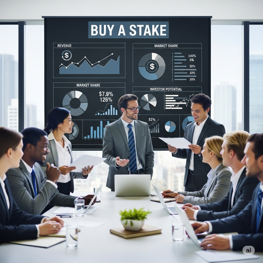 Kauf eines Unternehmensanteils. Geschäftsleute bei einem Treffen mit Infografiken zu Finanzen und Marktwachstum