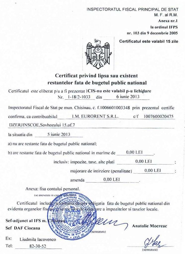 Adeverință, certificat privind lipsa sau existența restanțelor față de buget