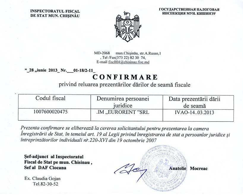 Certificate of submission of reports to the tax authorities of Moldova
